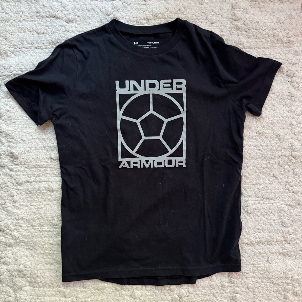 Boys Under Armour Black T‑Shirt with White Soccer Graphic Size Medium